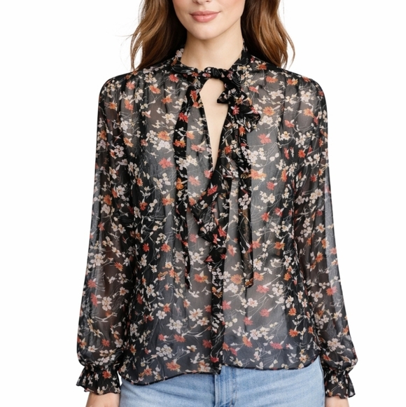 Joie Tops - Joie Black Pink Silk Sheer Floral Ruffle Tie Neck Blouse Size M Boho Romantic